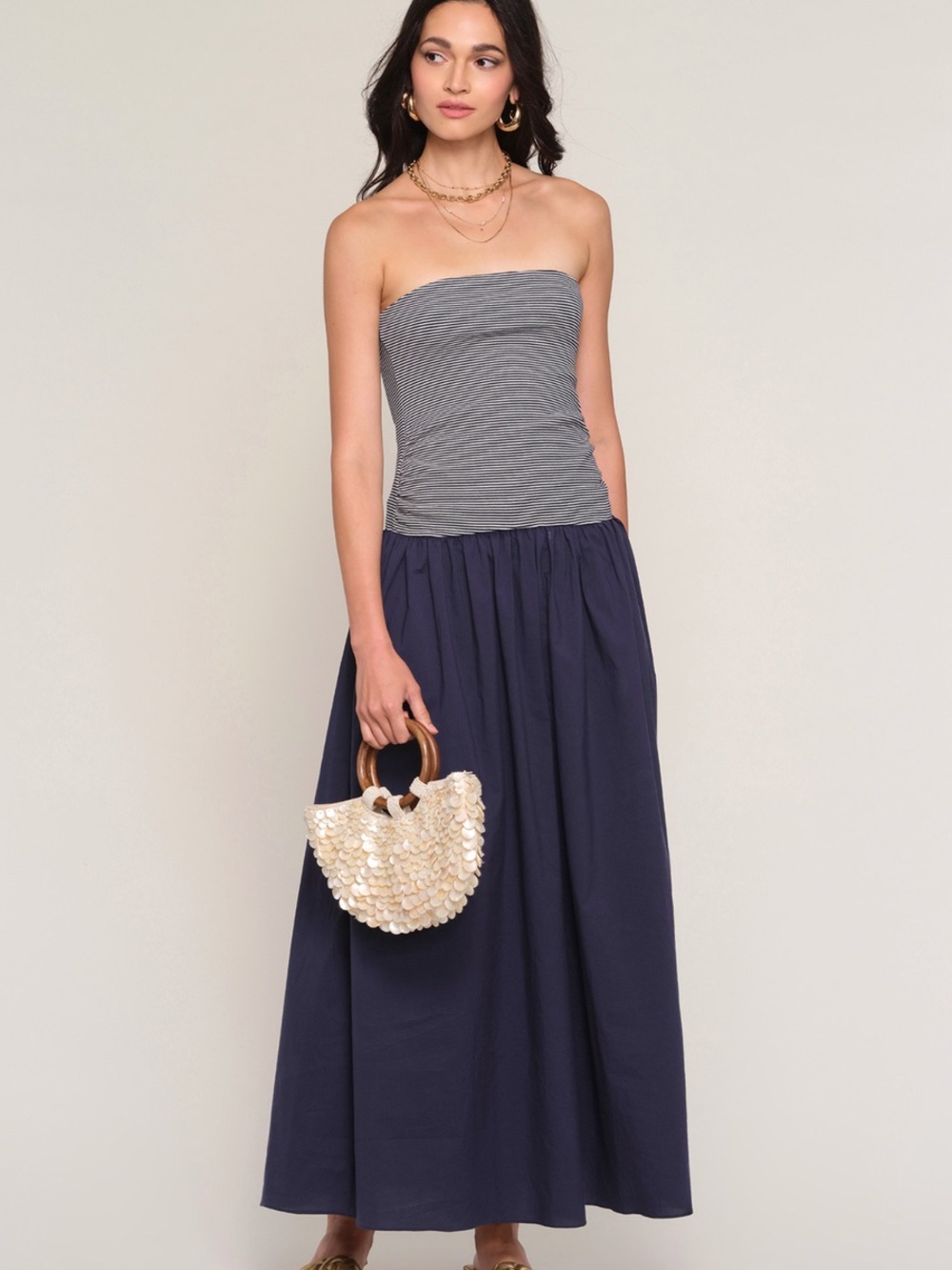 Revolve Heartloom Strapless Maxi Dress in white and Navy